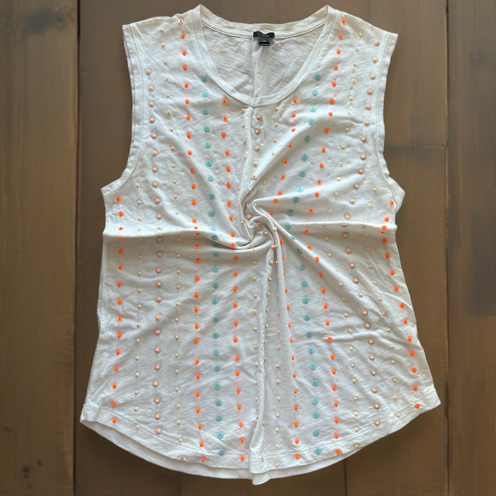 J. Crew Sequined‎ Sleeveless Ivory Top XS Orange Turquoise Embellished Beaded